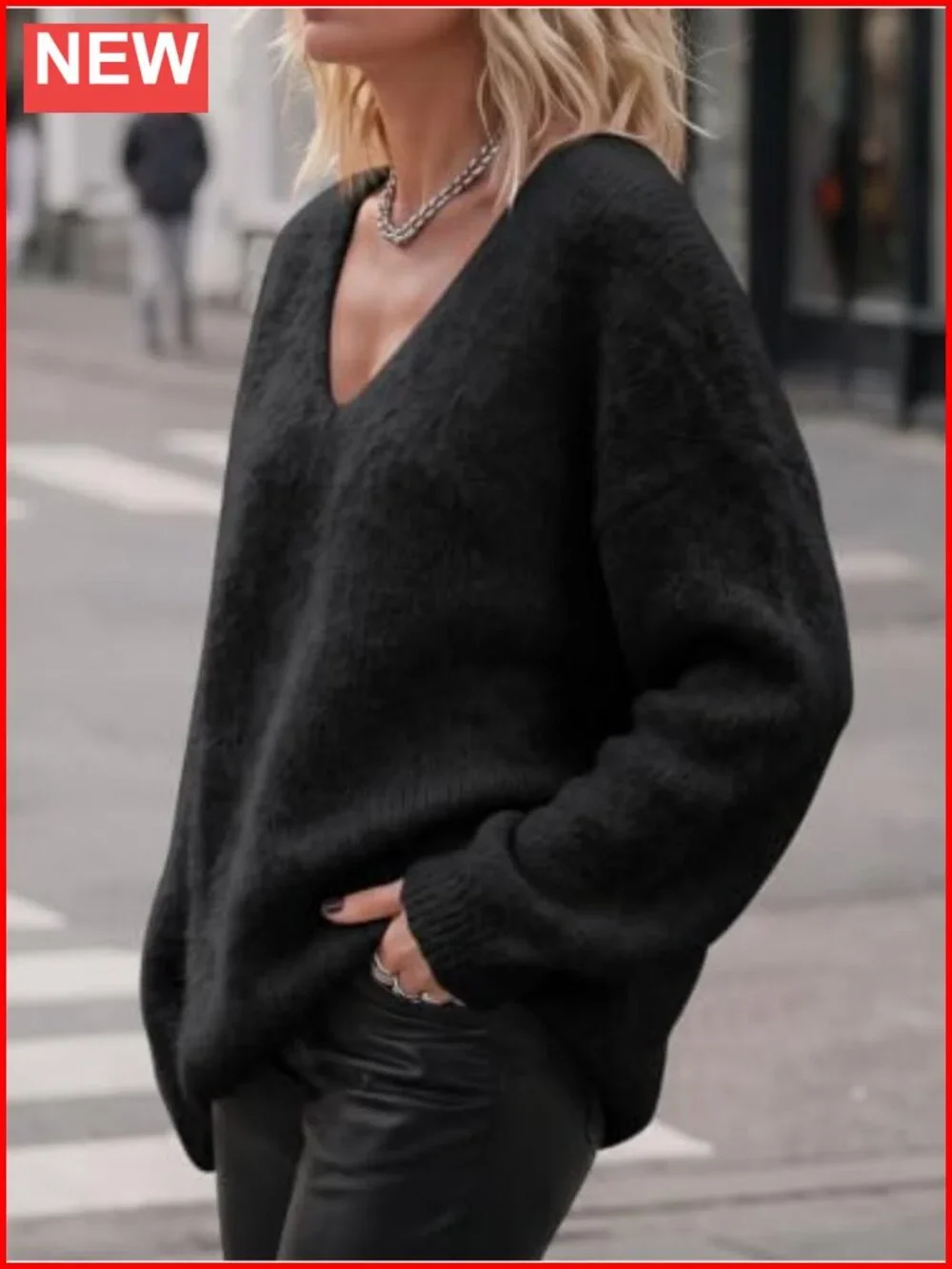 Oversized Chunky Knit V Neck Lantern Sleeve Slouchy Pullover Sweater